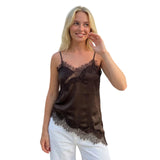 Women Solid Color Lace Trim Satin Camisole V Neck Spaghetti Strap Backless Asymmetrical Tops Trendy Summer Streetwear