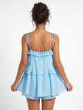 Women's Summer Solid Color Romper Dress Sleeveless Tie Spaghetti Strap Ruffle Jumpsuit Shorts Playsuit