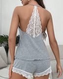 Summer Crochet Lace 2 Pieces Pajamas Set for Women Sleepwear Sleeveless V-Neck Tops and Shorts Casual Suit