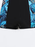 Vintage Blue Leaves Print Spliced One Piece Swimsuit Surfing Suit for Women Zipper Conservative Sports Bathing Suit Swimwear