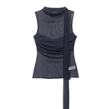 Women's Silk Mesh Scarf Top Women Dark Gray Mesh Halter Neck Sleeveless Top Ruched Front Tie Detail Sheer Casual For Party AFIA