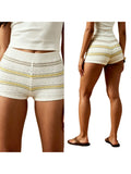Summer Women's Knit Mini Shorts Elastic Waist Skinny Striped Print Micro Shorts Casual Daily Club Short Pants Beach Cover-ups