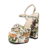 Ethnic Bohemia Sandals Women 2026 Summer Shoes Flower Print Ankle Strap Platform Block High Heels Crystal Pearl Studded