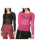 Women's Mesh Tops Long Sleeve Round Neck Heart Print Trendy T-Shirts Summer Spring Sexy Beach Club Shirts Cover-ups