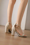 Beige Suede Ankle Strap Block Heel Sandals for Women, Round Open Toe with Rhinestone Accent, Multiple Colors Available
