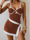 Sexy Black Contrast One Piece Swimsuit Skirt Sets Women Metal Starfish Hollow Out Slim Tummy Control Bathing Suit Swimwear XXL