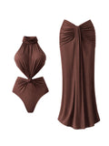 Luxury Waistless Women One Piece Swimsuit With Skirt Fashion Sexy Halter Lady Swimwear Slimming Bodysuit Party Dress Beachwear