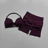 2PCS Backless Sports Bra High-Waisted Yoga Shorts Set Sexy Neck Hanging Design Abdomen Hip Lifting Fitness Outfit