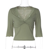 FDYOUI Women's T-shirt Tops Casual Fashion Lace Patchwork Green T Shirts Female Clothing V-neck Ruched Slim Crop Top Streetwear
