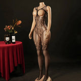 Sexy Bodysuit With Hollowed-out Chest Mesh Sexy One-piece Jacquard Open-crotch Halter Neck Backless Deep V Sleeveless Charm 57AF
