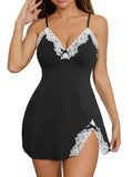 Women's Sexy Summer Nightgown, Short Lace Trim Hip-Hugging Black Camisole Sleep Mini Dress,Homewear Loungewear