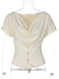FDYOUI Fashion Casual Swinging Collar T-shirts Y2K Woman Clothes Short Sleeve Buttons Corset T Shirt Ladies Solid Crop Tops Tees