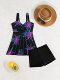 Vintage Black Flower Print Skirt Bikini Set 2026 Front Bow Crop Top Bathing Suit Swimwear Women's High Waist Swimsuit Tankini