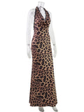 Ahagaga Sexy Women's Maxi Dresses Leopard Halter Backless Bodycon Slim Fit Deep V-Neck Bandage Print Party Eelgant Vestidos