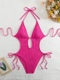 Sexy Halter V Neck Wrinkled Female Swimwear One Piece Swimsuit Women Backless Monokini High Leg Cut Bathing Suit Swim Beach Wear