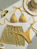 With Mesh Sarong Skirt Halter Bikini Women Swimwear Female Swimsuit Three-pieces Bikini Set Fishnet Bathing Suit Swim Beachwear