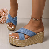 Woven Chunky Platform Sandals Women Fashion Cross Band High Heels Slippers Woman Plus Size Thick Sole Summer Sandles Mujer 42