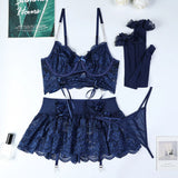 Women's Polka Dot Shoulder Revealing Puffy Skirt Set Sexy Lace Top Skirt Thongs Underwear Suits Mesh Perspective Exotic Sets