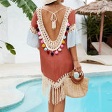 Splicing Tassels Half Sleeve Crochet Knitted Tunic Beach Dress Beach Wear Beachwear Beach Cover Up Cover-upsFemale Women V6631