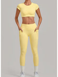 Yoga Set Women's Tracksuit Short Sleeve Back Hollow Out Sports Top Athletic Wear Tight High Waist Pocket Leggings Fitness Suits