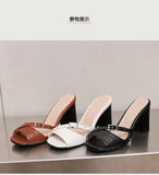 Summer New Fashion Open Toe Solid Color Simple Leather Surface Versatile Color Large Slippers Square Heel Shoes Women