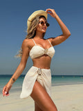 With Skirt Wrinkled Bandeau Bikini Female Swimsuit Women Swimwear Three-pieces Bikini Set Metal Ring Bathing Suit Swim Beachwear