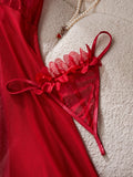 Sexy Lace Mesh Patchwork Front Open Pajamas Comfortable And Casual Long Women's Nightgown With Thongs Nightdress