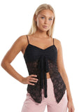 Women’s Spaghetti Strap Tank Tops Summer Sleeveless Tie Split Front Lace Sheer Vest Retro Sexy Corset Streetwear