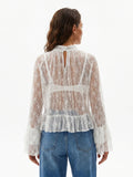 Womens Lace Floral Sheer Blouse Flare Long Sleeve Mock Neck Ruffle Peplum Hem Cropped Shirts Elegant Sexy Cover-ups Tops