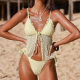 Sexy Yellow Black Bikini Set 2026 Women Front Tie Lace Patchwork Crop Top Thong Swimsuit Summer Holiday Bathing Suit Swimwear