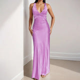 Sexy Elegant Party Long Dress Fashion Summer Solid Color V-Neck Halter Neck 2025 Backless Vestidos Sleeveless Beach Maxi Dresses