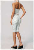 New Summer Women White Polka Dot Print Yoga Sets Hanging Neck Slim Sport Vest High Waist Mid Pants Gym Two-piece Workout Clothes