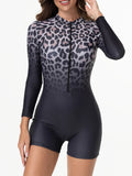 2026 Zipper Rushguard Long Sleeve Surfing Swimsuit Women One Piece Leopard Swimwear Female Bather Bathing Swimming Swim Suit XXL