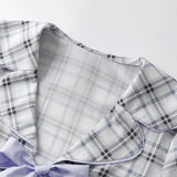 Women Sleepwear Long Sleeve Bow Tie Front Plaid Tops with Elastic Waist Pants Loose Fall Winter 2 Pieces Pajamas Sets