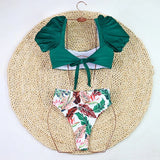2026 Sexy Bikini Women Push Up Swimwear Swimsuit Leaf Sunflower Print High Waist Bowknot Bubble Sleeves Bikinis Set Bathing Suit