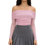 Women Spring Summer Off Shoulder Cropped Tops Slim Long Sleeve Ruched Sheer Going Out T-shirts