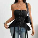 Sexy Strapless Waist Cinching Vest Women Black Ouble Metal Buckle Unique Woven Slimming Shaping Fishbone Ruffles Tank Tops