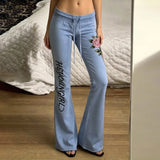 Retro rose letter print low-waist drawstring flared trousers, slim fit and versatile casual trousers