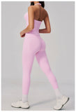 Summer Seamless Yoga Sets Women V Neck Slim Sports Tank Top Fitness Suit Peach Hip High Elasticity Leggings Running Tracksuit