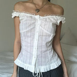 Phantasy Y2K Women Tops White Lace T-Shirt Button Tees Vintage French Style Tops 2025 Spring Summer Tops Female Streetwear