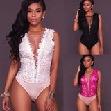 Sexy Lace Floral Bodysuits Women Summer Sleeveless V Neck Bodycon Bodysuit Jumpsuit Party Club Vintage Body Top Femme