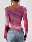 Women's Off-Shoulder Ruffled Sleeve Long-Sleeve Top with Asymmetrical Tie-Dye Mesh Asymmetrical Pleated Floral Print T-Shirt