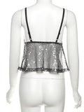 kliou Mesh Sequins Women Tops Summer Thin Shiny V-neck Backless Ruffle Trim Crop Camis Female Popular Hipster Sexy Streetwear