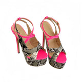 New Sexy Snake Print Leather Platform High Heels Sandals Women Fashion Peep Toe Buckle Strap Stiletto Party Dress Shoes
