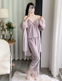 Gold velvet three-piece pajamas set, autumn and winter lace nightgown, sexy home wear with chest pad
