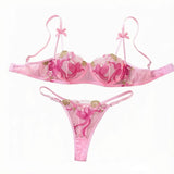 Women Pink Butterfly Embroidery Lingerie Set Bow Ornament Sheer Mesh Bra And Thong 2‑Pieces Intimate Underwear ZA825296