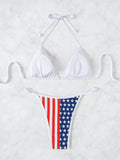 Women's USA Flag Print Triangle Bikini Set, Halter Neck Two Piece Swimsuit for Beach & Patriotic Holidays