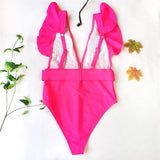 New Sexy Ruffled White Deep V One Piece Swimsuit Women Swimwear Female With Belt Monokini Bather Bathing Suit Swim Lady V2198