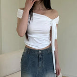 Korean Style Solid Color Women's Top Casual Slash neck Crop Top Fahionable Slim Fit White Tee Lady Summer Night Out Dress up