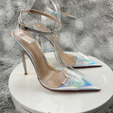Clear PVC Patchwork Sandals  Newest Transparent Straps Stiletto Heel Sandals Sexy Laser silver High Heels Wedding Shoes12cm